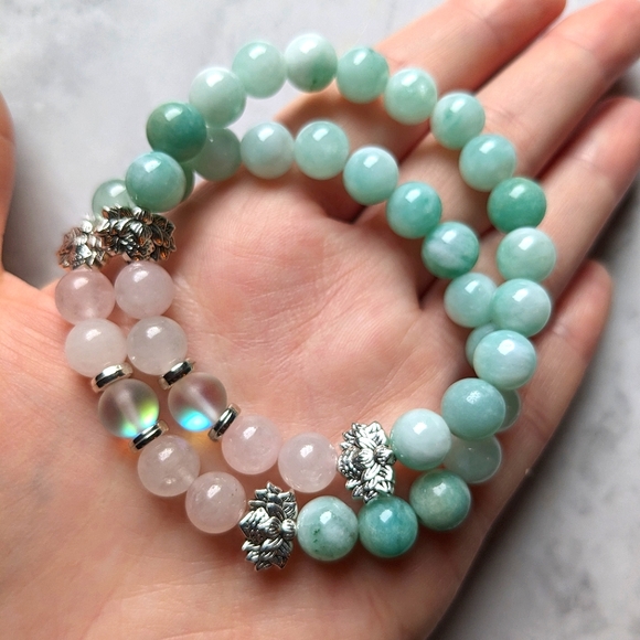 Hand Crafted Jewelry - Amazonite Rose Quartz lotus stone crystal quartz bead stretch bracelet
